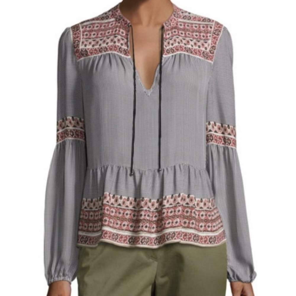 Veronica Beard Rosie Paisley & Gingham Boho Blouse, size 2
